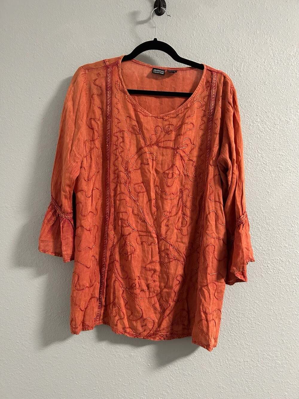 Anandas Collection Orange Embroidered Rayon 3/4 Bell Sleeve Blouse Top Size L
